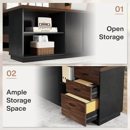 L-Shaped Executive Desk with File Cabinet and Drawers - Black