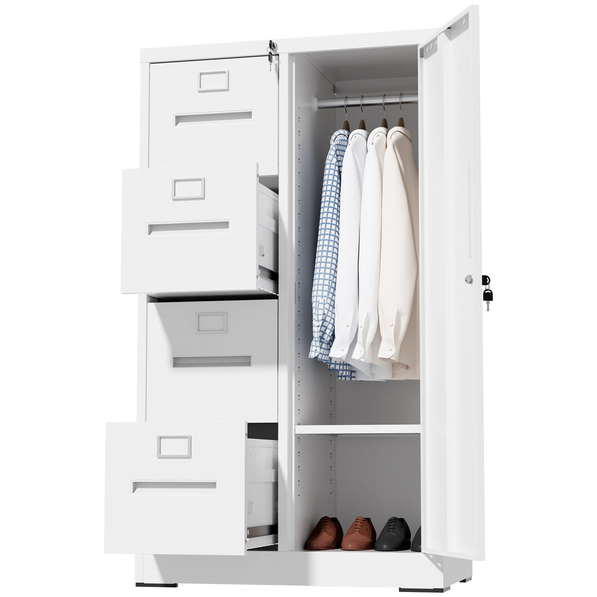 Steel Vertical Filing Cabinet with Lock and Wardrobe Compartment - Black or White