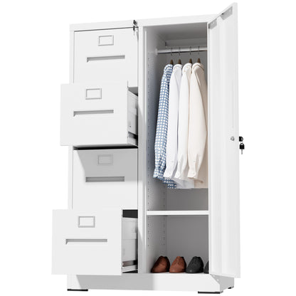 Steel Vertical Filing Cabinet with Lock and Wardrobe Compartment - Black or White