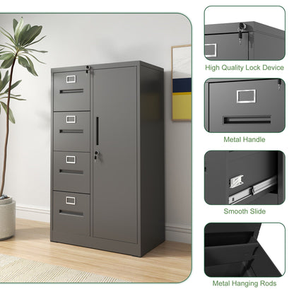 Steel Vertical Filing Cabinet with Lock and Wardrobe Compartment - Black or White