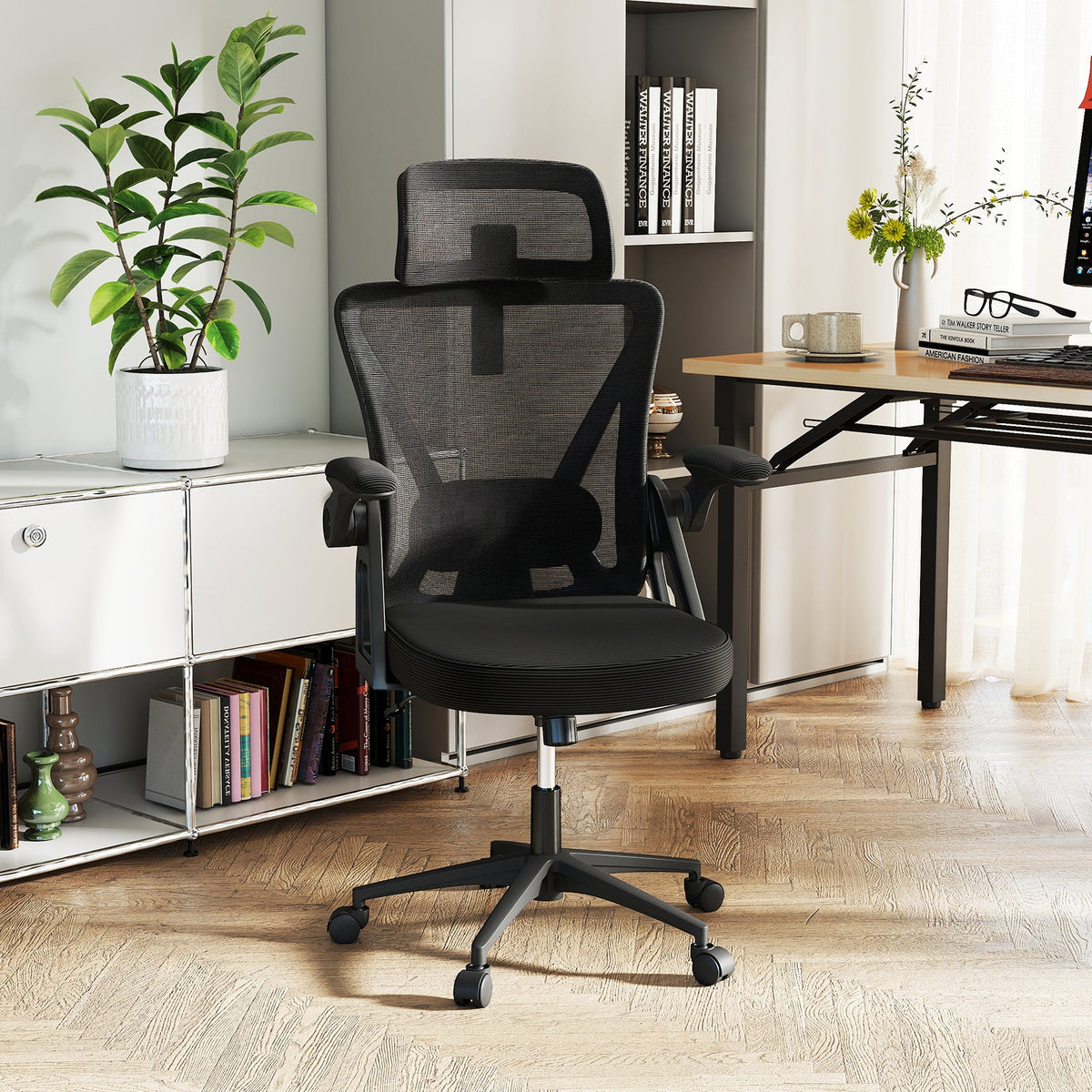 Ergonomic Mesh Office Chair with Adjustable Lumbar Support and Flip-up Armrests-Black