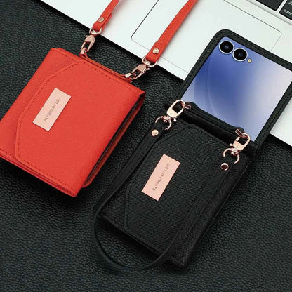 VIETAO Dark Red PU Leather Wallet Phone Case with Wrist Strap for Galaxy Z Flip 7/6/5/4/3 Women's Fashionable Phone Cover Case