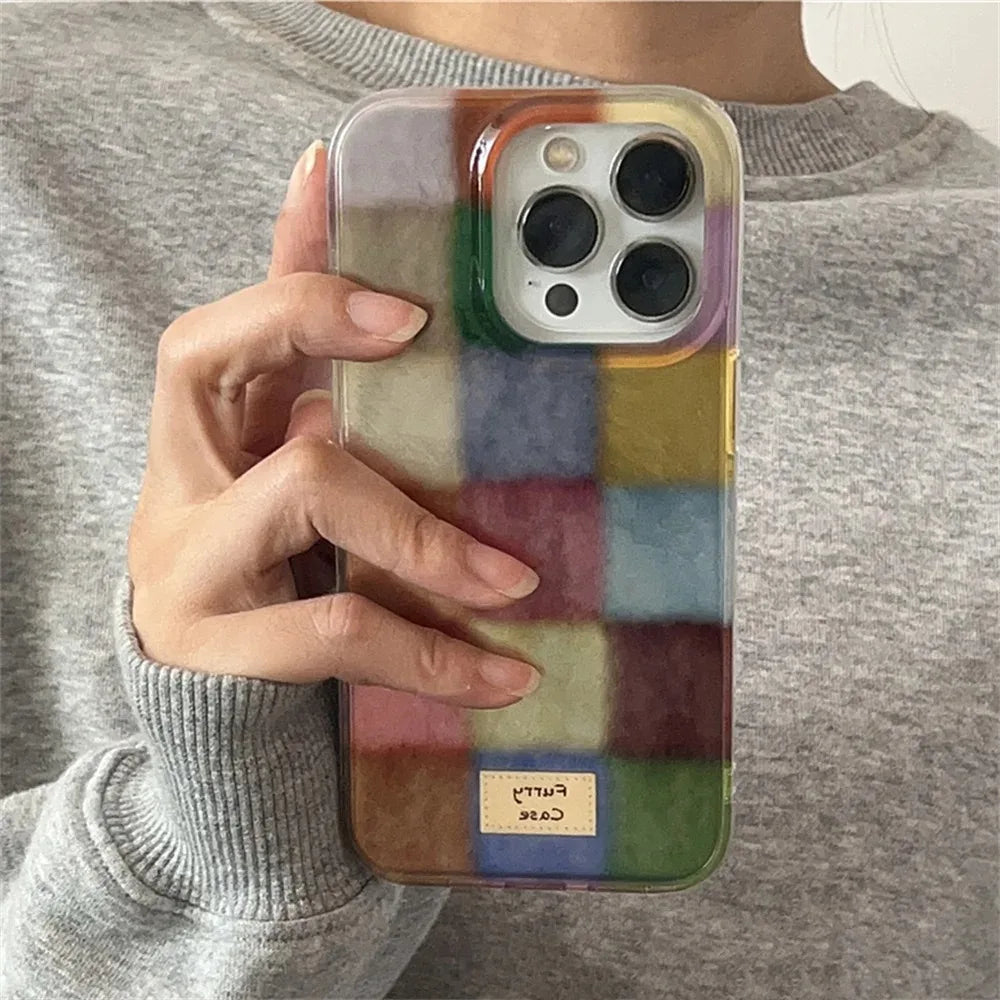 Cute Dopamine Color Block Match Plaid Clear Case For iPhone 18 Pro Max