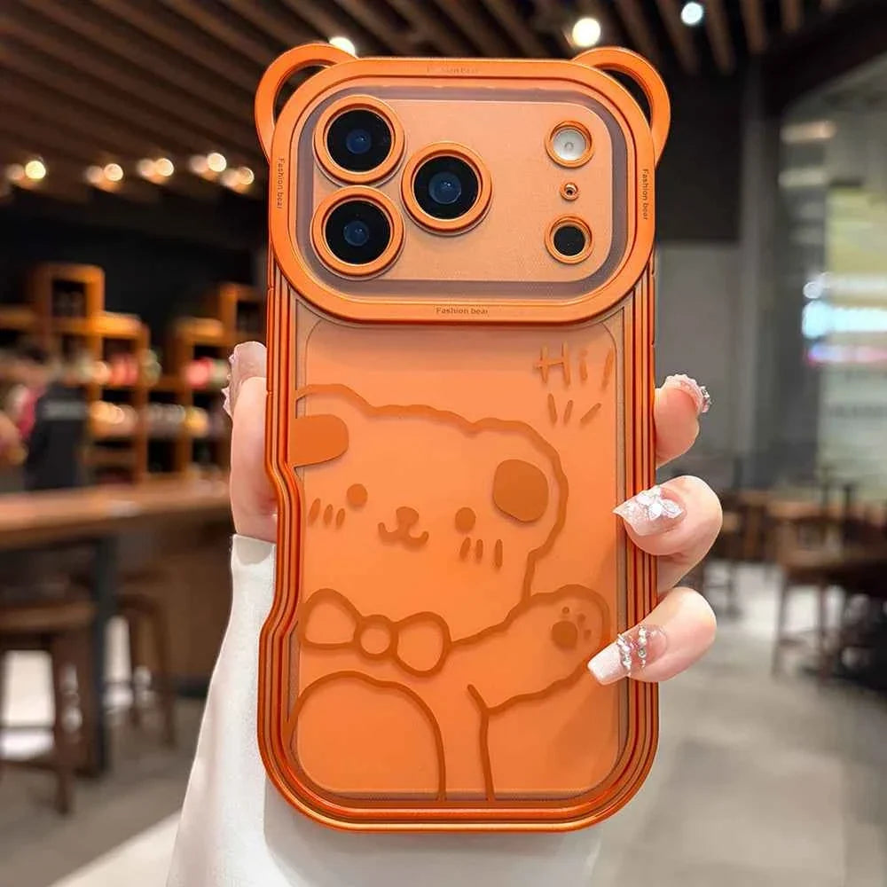 Orange Cute Bear Ear Plating Transparent Long Lanyard Case For iPhone 17 Pro Max 17Pro 17 Air Clear Soft TPU Shockproof Cover