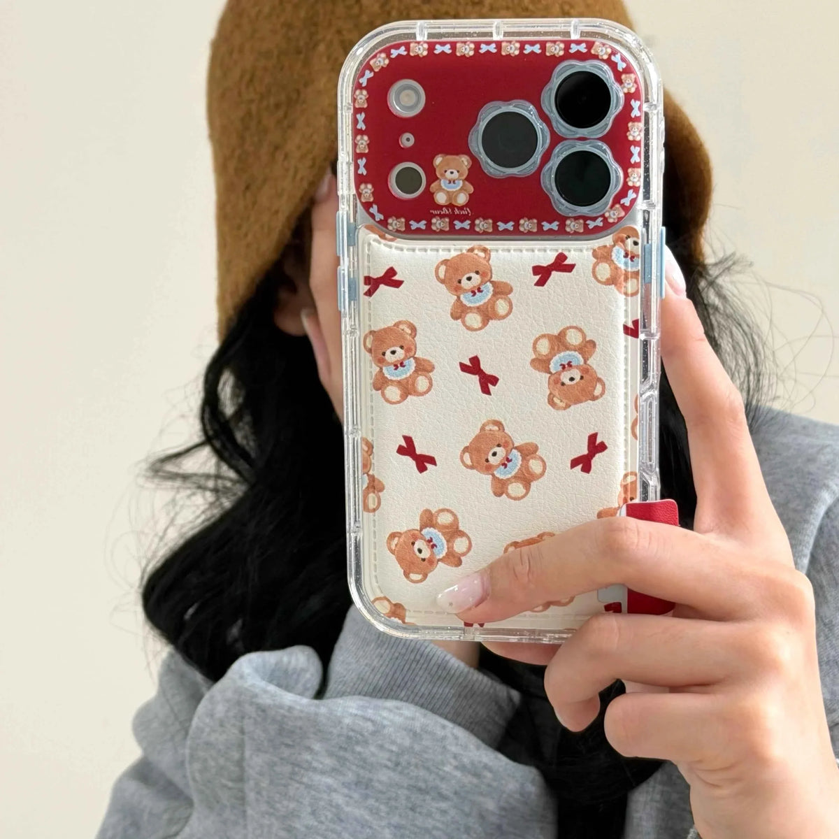 Cute Bow Bear Phone Case for iPhone 17, 17 Pro, 17 Pro Max, 16, 15, 14, 13 Pro Max Shockproof Phone Case with Lanyard
