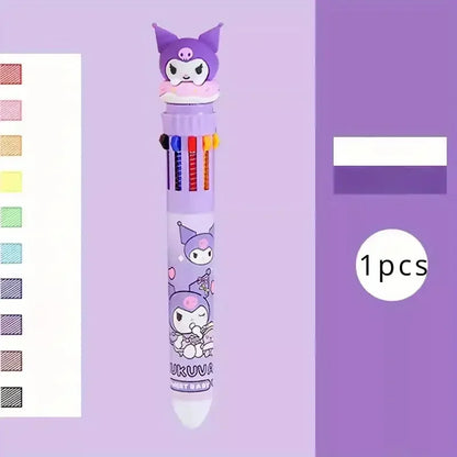 Kawaii Cartoon Ballpoint Pen Set – 10-Color 0.7mm Cartoon Characters School Stationery for Students