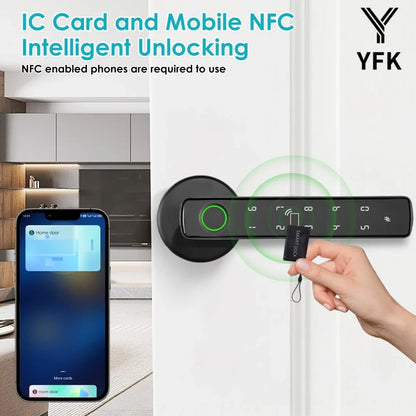 YFK Tuya 5-in-1 Smart Door Handle Lock Bluetooth Fingerprint Keyless Entry Lock Fake PIN NFC IC Card Temporary Password APP Remote Unlock Interior Smart Life Lock for Home Apartment Office Wooden Door