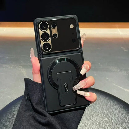 Premium magnetic case designed for Samsung Galaxy S26, S25, S24, S23 Ultra, A57, A56, A37, and A36 models, providing shockproof protection and a sleek, foldable stand.