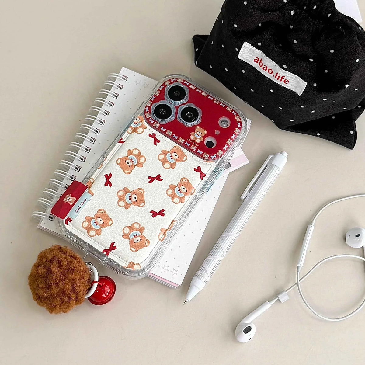 Cute Bow Bear Phone Case for iPhone 17, 17 Pro, 17 Pro Max, 16, 15, 14, 13 Pro Max Shockproof Phone Case with Lanyard