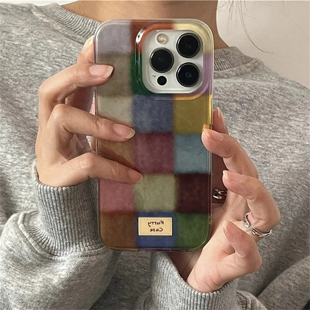 Cute Dopamine Color Block Match Plaid Clear Case For iPhone 18 Pro Max