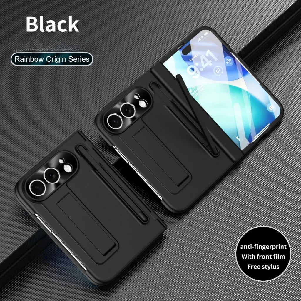 Full Hinge Protection Kickstand Phone Case for iPhone Duo Fold Hard PC Cover with Front Screen Tempered Glass Film & Stylus