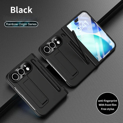 Full Hinge Protection Kickstand Phone Case for iPhone Duo Fold Hard PC Cover with Front Screen Tempered Glass Film & Stylus