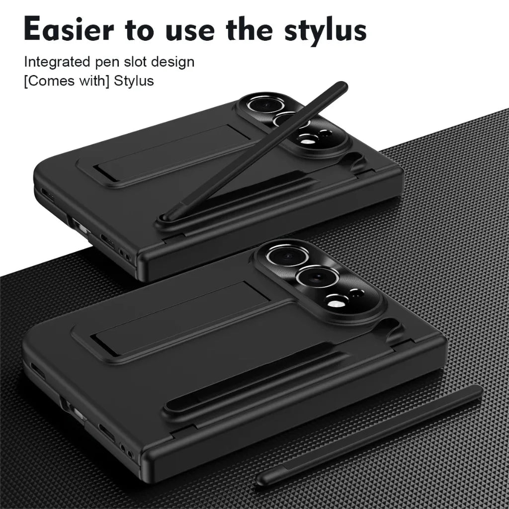Full Hinge Protection Kickstand Phone Case for iPhone Duo Fold Hard PC Cover with Front Screen Tempered Glass Film & Stylus