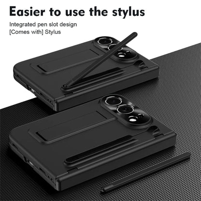 Full Hinge Protection Kickstand Phone Case for iPhone Duo Fold Hard PC Cover with Front Screen Tempered Glass Film & Stylus