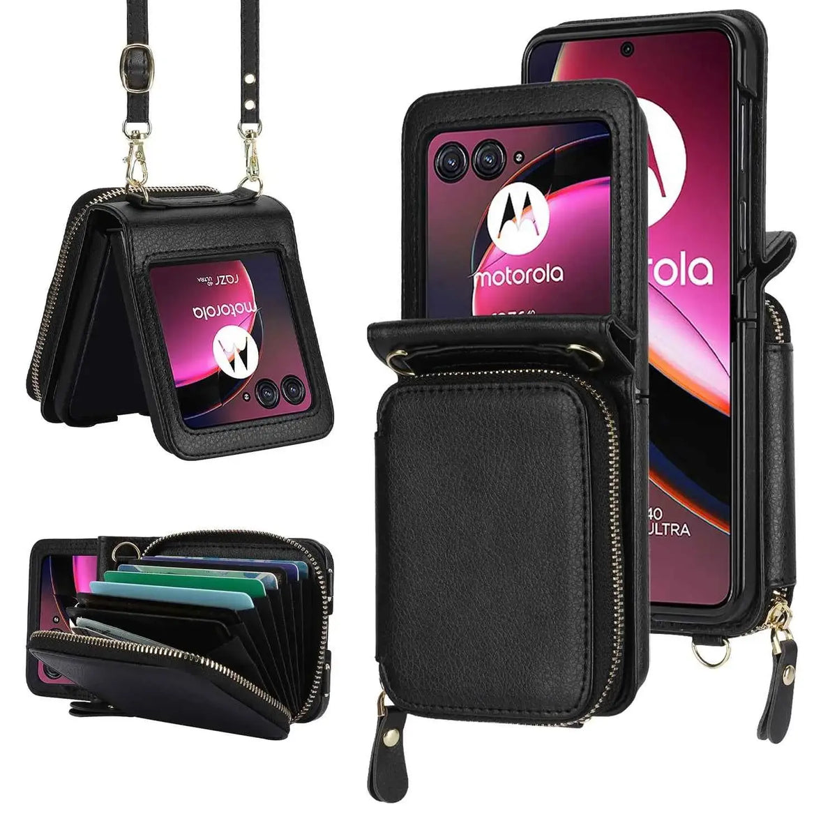 Crossbody Zipper Cards Solt Wallet Leather Case for Motorola Razr 50 Ultra Razr50 40 Long Lanyard Bag RFID Multifunctional Cover