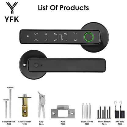 YFK Tuya 5-in-1 Smart Door Handle Lock Bluetooth Fingerprint Keyless Entry Lock Fake PIN NFC IC Card Temporary Password APP Remote Unlock Interior Smart Life Lock for Home Apartment Office Wooden Door