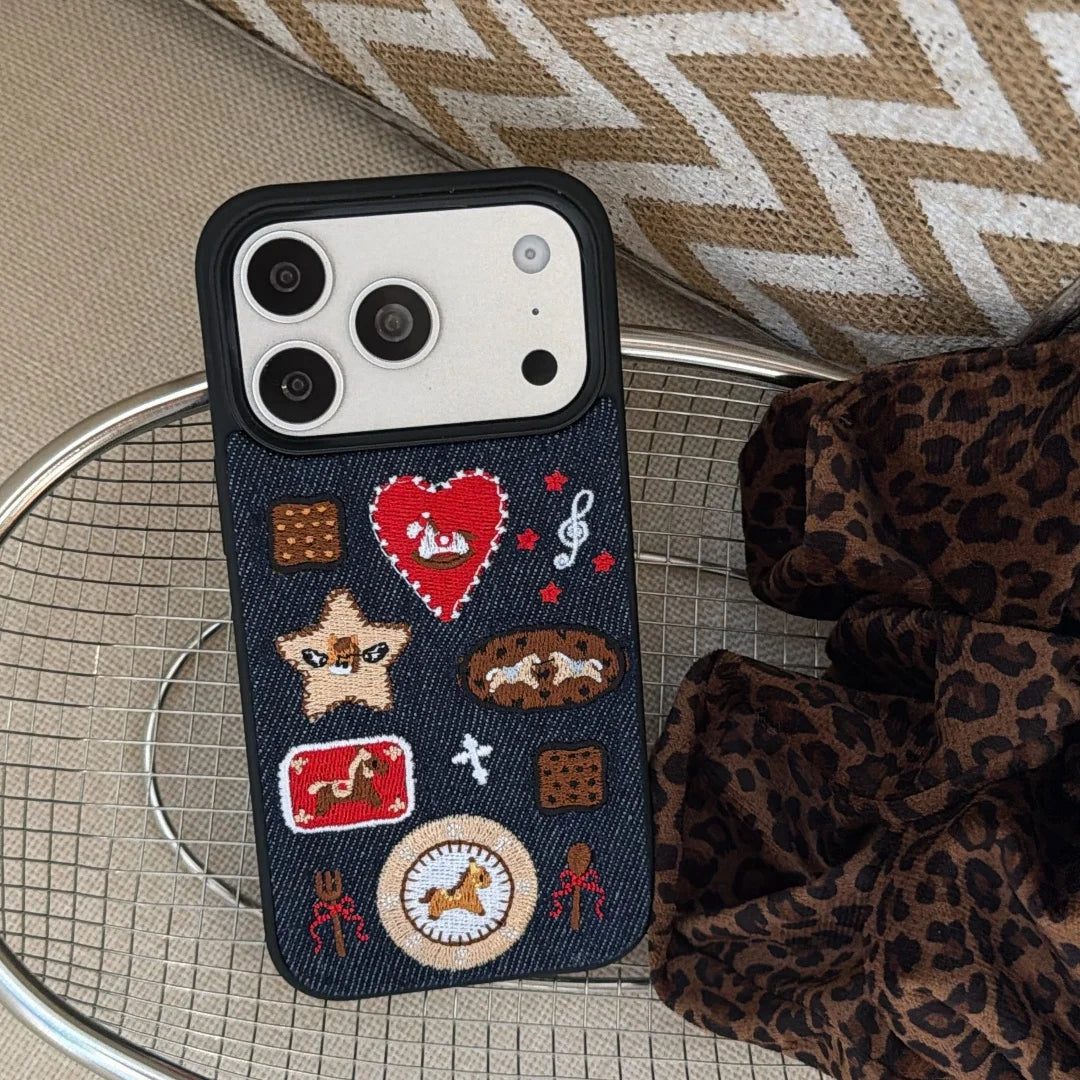 Artisan Denim Phone Case with Korean Embroidered Cartoon Design for iPhone 17 16 Pro 15 14 13 Pro Max