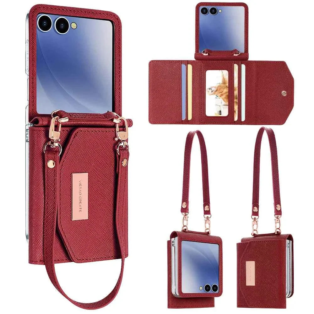 VIETAO Dark Red PU Leather Wallet Phone Case with Wrist Strap for Galaxy Z Flip 7/6/5/4/3 Women's Fashionable Phone Cover Case