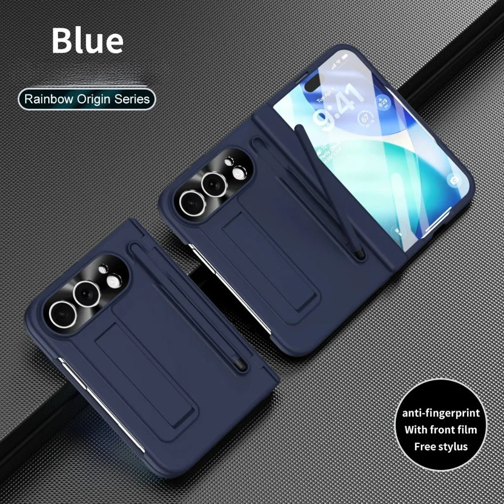 Full Hinge Protection Kickstand Phone Case for iPhone Duo Fold Hard PC Cover with Front Screen Tempered Glass Film & Stylus
