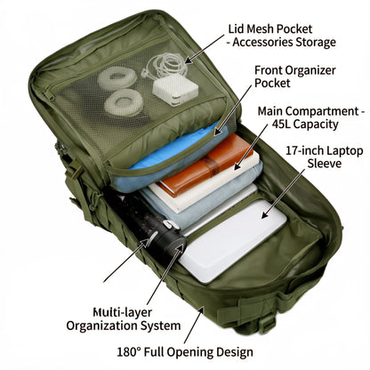 45L Tactical Travel Backpack Molle Large Capacity Multi Pocket Storage Bag Durable Wear Resistant Camping Hiking Trekking Bushcraft Daypack Heavy Duty Rucksack For Men Women Business Trips Mountain Climbing Daily Commute Lugg