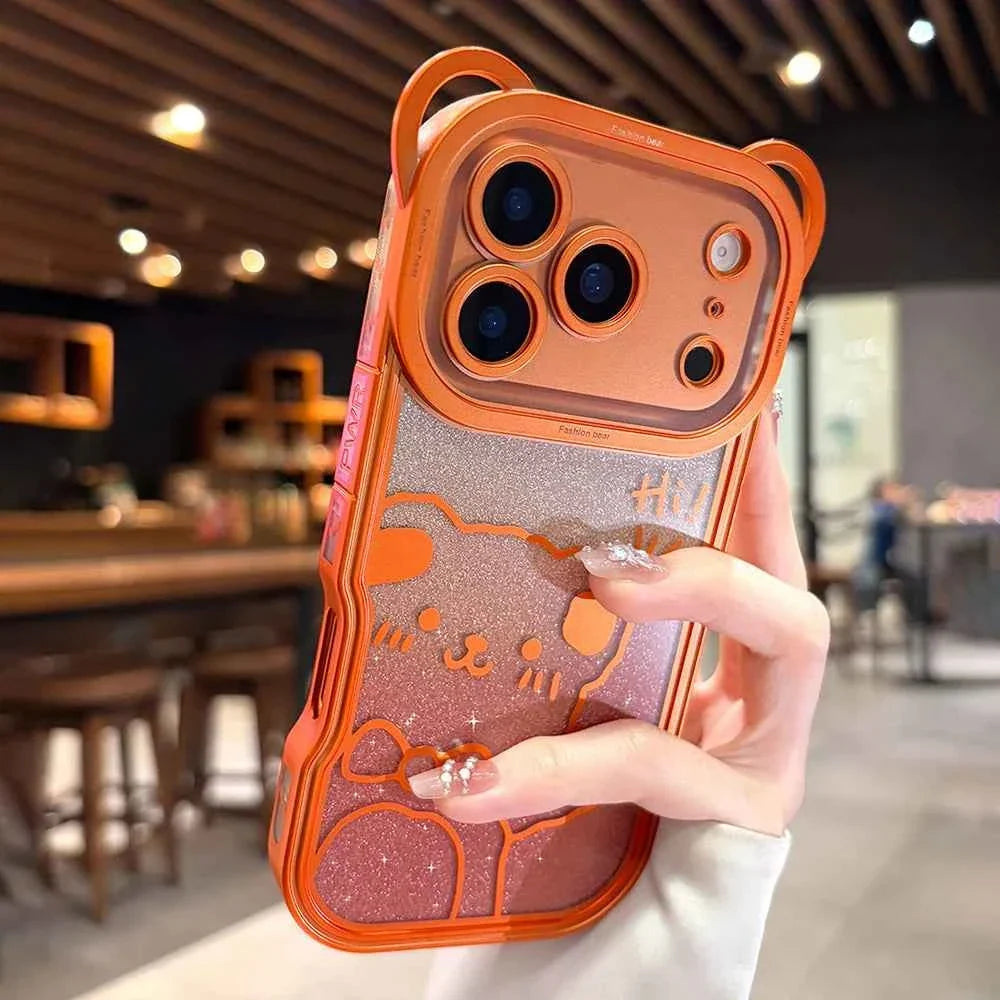 Orange Cute Bear Ear Plating Transparent Long Lanyard Case For iPhone 17 Pro Max 17Pro 17 Air Clear Soft TPU Shockproof Cover