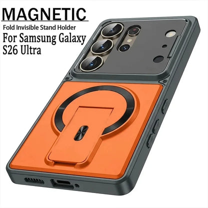 Premium magnetic case designed for Samsung Galaxy S26, S25, S24, S23 Ultra, A57, A56, A37, and A36 models, providing shockproof protection and a sleek, foldable stand.