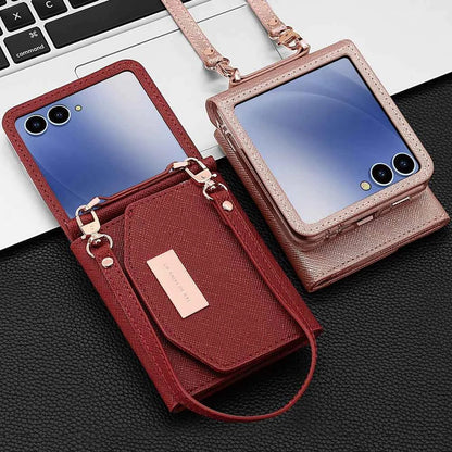 VIETAO Dark Red PU Leather Wallet Phone Case with Wrist Strap for Galaxy Z Flip 7/6/5/4/3 Women's Fashionable Phone Cover Case