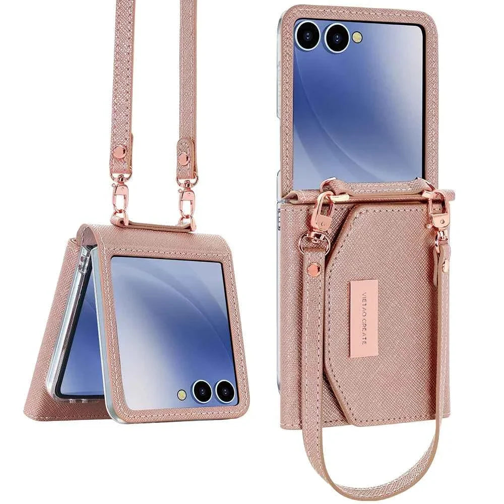 VIETAO Dark Red PU Leather Wallet Phone Case with Wrist Strap for Galaxy Z Flip 7/6/5/4/3 Women's Fashionable Phone Cover Case