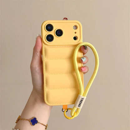 Soft Down Jacket Silicone Case For iPhone 17 16 15 14 13 12 11 Pro Max Plus Air Shockproof Camera Protection Wrist Strap Cover