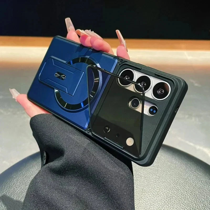 Premium magnetic case designed for Samsung Galaxy S26, S25, S24, S23 Ultra, A57, A56, A37, and A36 models, providing shockproof protection and a sleek, foldable stand.