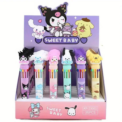 Kawaii Cartoon Ballpoint Pen Set – 10-Color 0.7mm Cartoon Characters School Stationery for Students