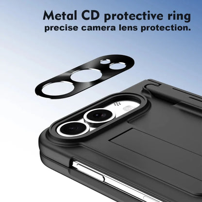 Full Hinge Protection Kickstand Phone Case for iPhone Duo Fold Hard PC Cover with Front Screen Tempered Glass Film & Stylus