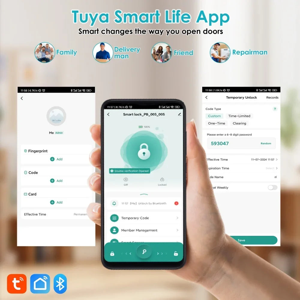 YFK Tuya 5-in-1 Smart Door Handle Lock Bluetooth Fingerprint Keyless Entry Lock Fake PIN NFC IC Card Temporary Password APP Remote Unlock Interior Smart Life Lock for Home Apartment Office Wooden Door