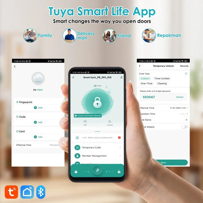 YFK Tuya 5-in-1 Smart Door Handle Lock Bluetooth Fingerprint Keyless Entry Lock Fake PIN NFC IC Card Temporary Password APP Remote Unlock Interior Smart Life Lock for Home Apartment Office Wooden Door