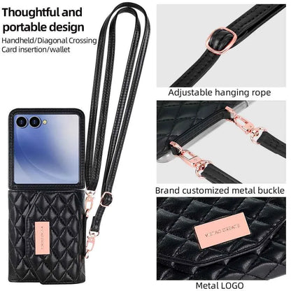 VIETAO Luxury Soft PU Leather Wallet Phone Case for Galaxy Z Flip 7/6/5/4/3 with Crossbody Strap - Durable Protective Cover