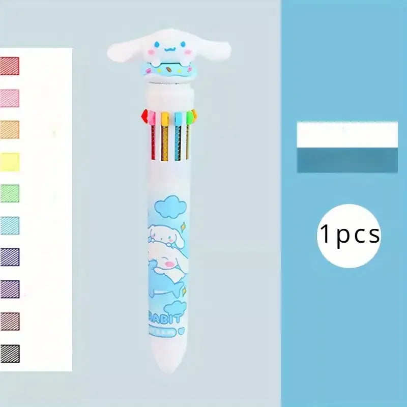 Kawaii Cartoon Ballpoint Pen Set – 10-Color 0.7mm Cartoon Characters School Stationery for Students