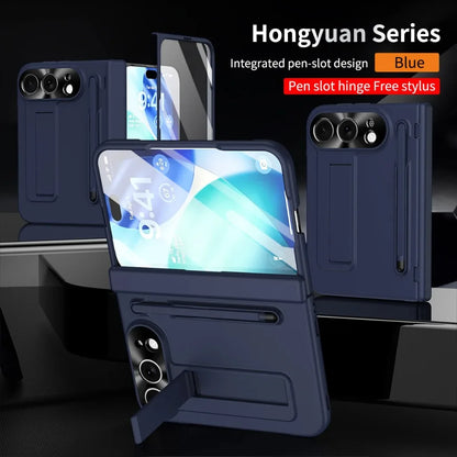 Full Hinge Protection Kickstand Phone Case for iPhone Duo Fold Hard PC Cover with Front Screen Tempered Glass Film & Stylus