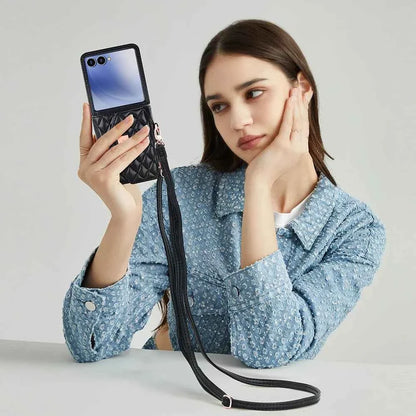 VIETAO Luxury Soft PU Leather Wallet Phone Case for Galaxy Z Flip 7/6/5/4/3 with Crossbody Strap - Durable Protective Cover