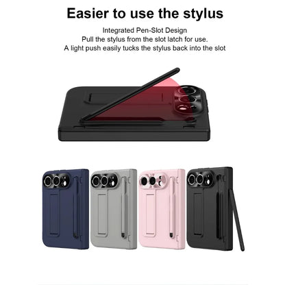 Full Hinge Protection Kickstand Phone Case for iPhone Duo Fold Hard PC Cover with Front Screen Tempered Glass Film & Stylus