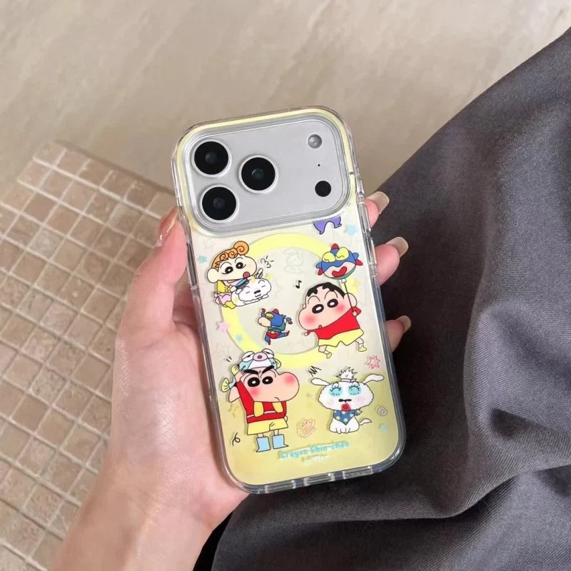 Cute Crayon Shin-chan Magsafe Wireless Charge Case For iPhone 13 14 15 16 17 Pro Max Cartoon Superman Shin-chan Magnetic Stand