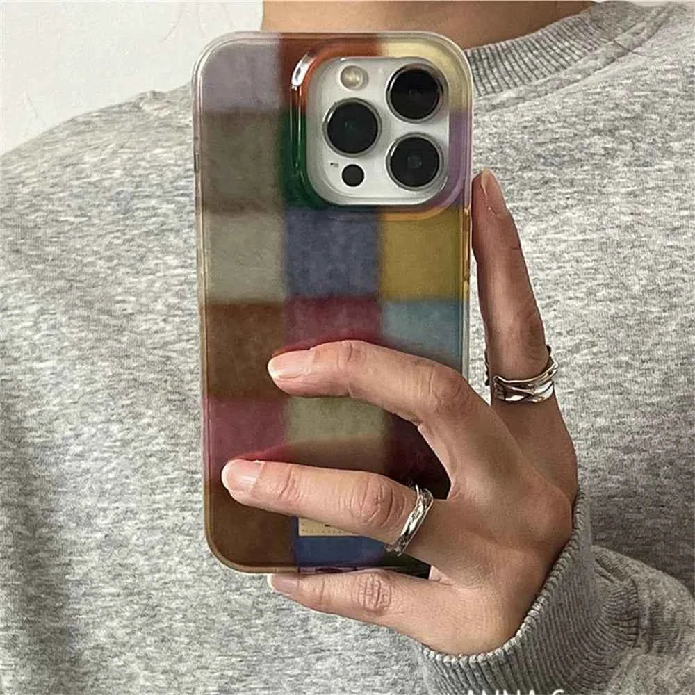 Cute Dopamine Color Block Match Plaid Clear Case For iPhone 18 Pro Max