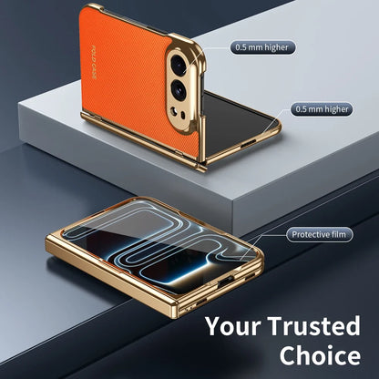 High Quality Plating PU Leather Texture Phone Case for IPhone Duo 5G 2026 with Tempered Glass Screen Protect Shockproof Cover