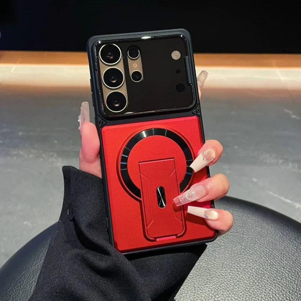 Premium magnetic case designed for Samsung Galaxy S26, S25, S24, S23 Ultra, A57, A56, A37, and A36 models, providing shockproof protection and a sleek, foldable stand.