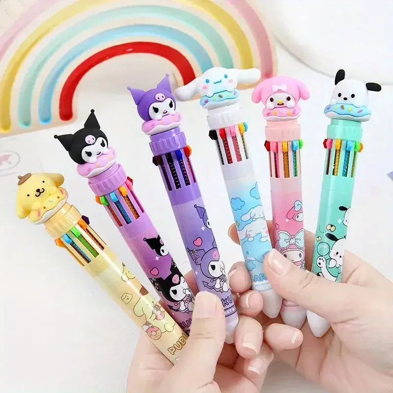 Kawaii Cartoon Ballpoint Pen Set – 10-Color 0.7mm Cartoon Characters School Stationery for Students