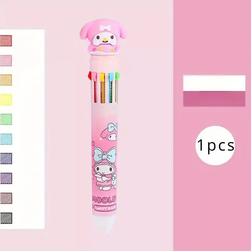 Kawaii Cartoon Ballpoint Pen Set – 10-Color 0.7mm Cartoon Characters School Stationery for Students