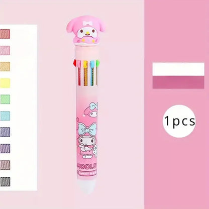 Kawaii Cartoon Ballpoint Pen Set – 10-Color 0.7mm Cartoon Characters School Stationery for Students