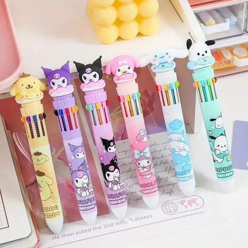 Kawaii Cartoon Ballpoint Pen Set – 10-Color 0.7mm Cartoon Characters School Stationery for Students