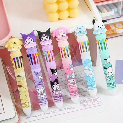 Kawaii Cartoon Ballpoint Pen Set – 10-Color 0.7mm Cartoon Characters School Stationery for Students