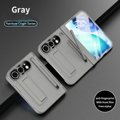 Full Hinge Protection Kickstand Phone Case for iPhone Duo Fold Hard PC Cover with Front Screen Tempered Glass Film & Stylus