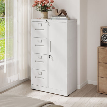 Steel Vertical Filing Cabinet with Lock and Wardrobe Compartment - Black or White